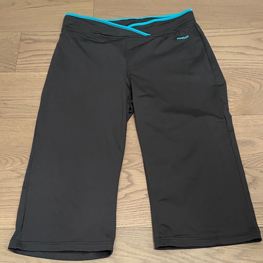 Reebok Dark Brown Fit and Flare Mid-Length Leggings with Blue Trim, Medium